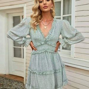 Floral print v neck a line backless  dress